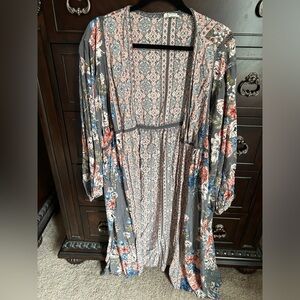 Romantic Gypsy 2X Gray Floral Kimono Peach Pink Blue